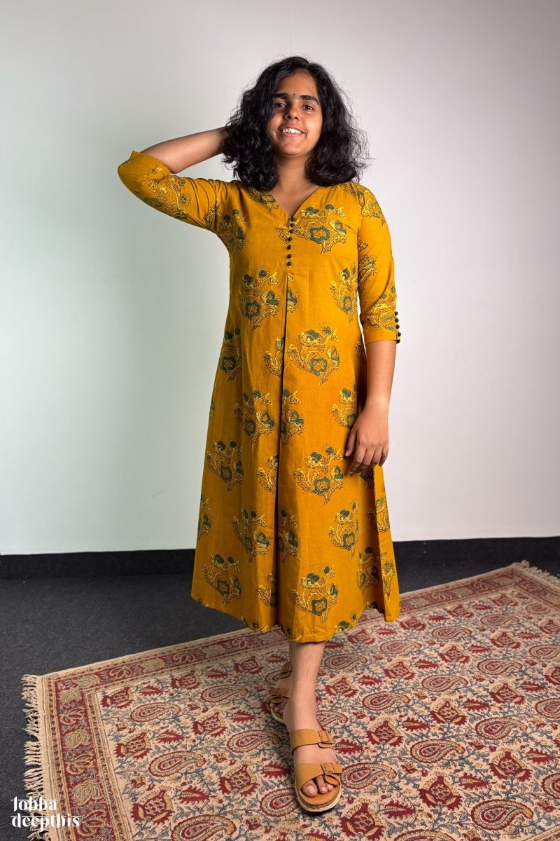 Ajrakh Blooms on Turmeric Box Pleated Dress - Lobha Deepthis