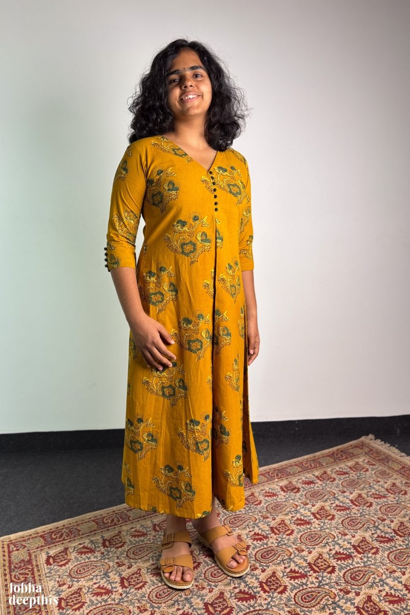 Ajrakh Blooms on Turmeric Box Pleated Dress - Lobha Deepthis