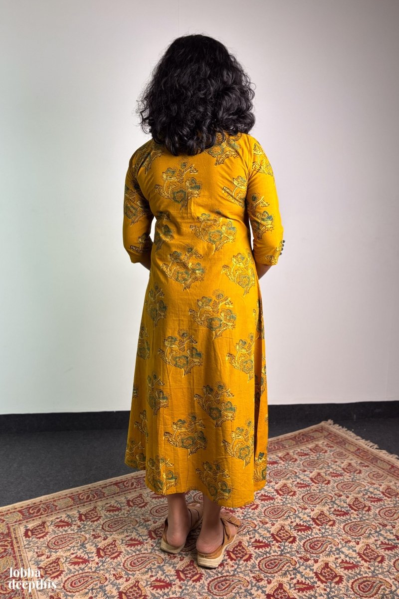 Ajrakh Blooms on Turmeric Box Pleated Dress - Lobha Deepthis