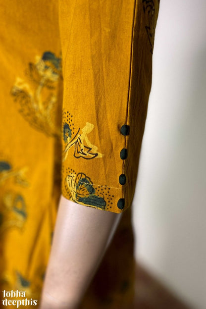 Ajrakh Blooms on Turmeric Box Pleated Kurta - Lobha Deepthis