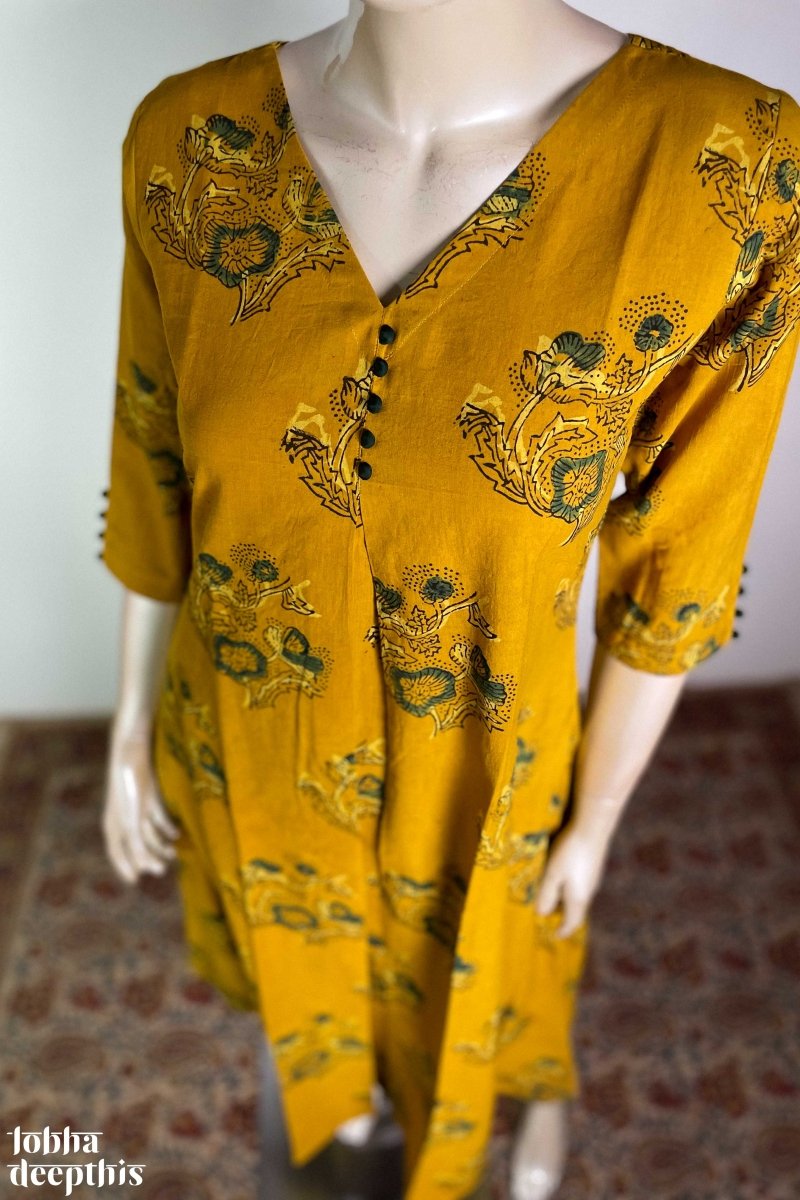 Ajrakh Blooms on Turmeric Box Pleated Kurta - Lobha Deepthis