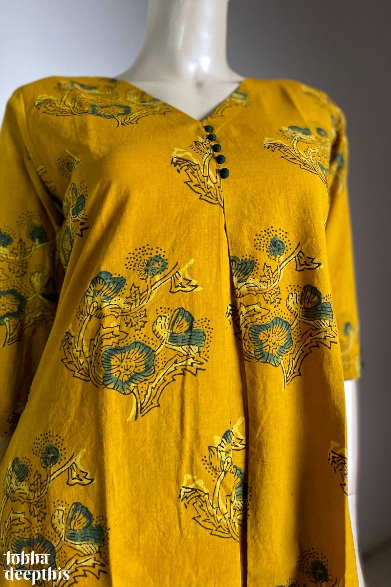 Ajrakh Blooms on Turmeric Box Pleated Kurta - Lobha Deepthis