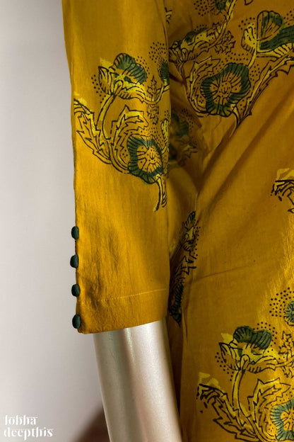 Ajrakh Blooms on Turmeric Box Pleated Kurta - Lobha Deepthis