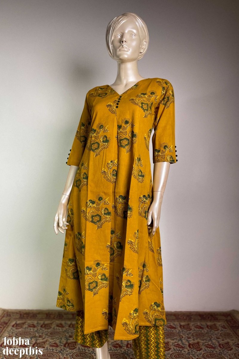 Ajrakh Blooms on Turmeric Box Pleated Kurta - Lobha Deepthis