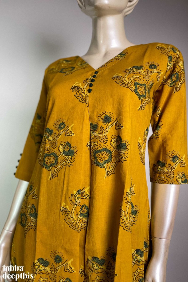 Ajrakh Blooms on Turmeric Box Pleated Kurta - Lobha Deepthis