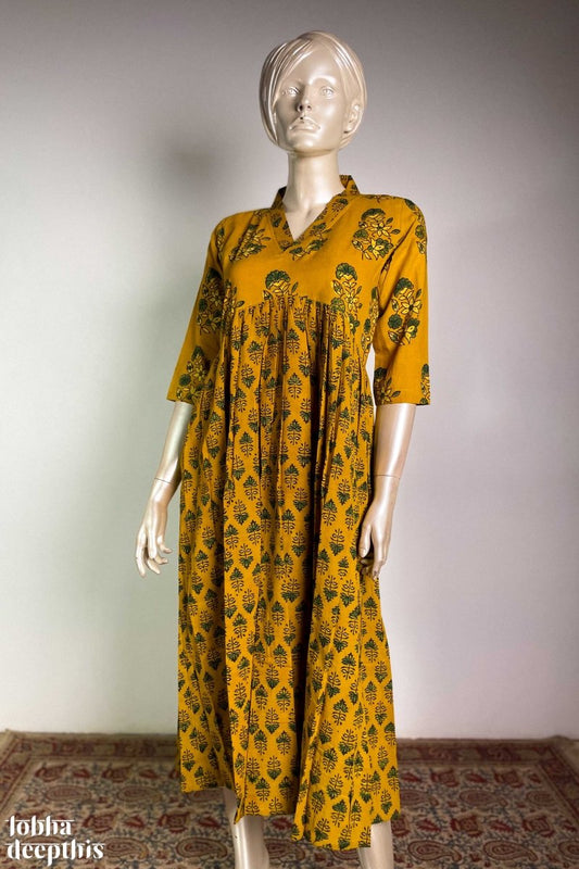 Ajrakh Blooms Turmeric Alia Cut Dress - Lobha Deepthis