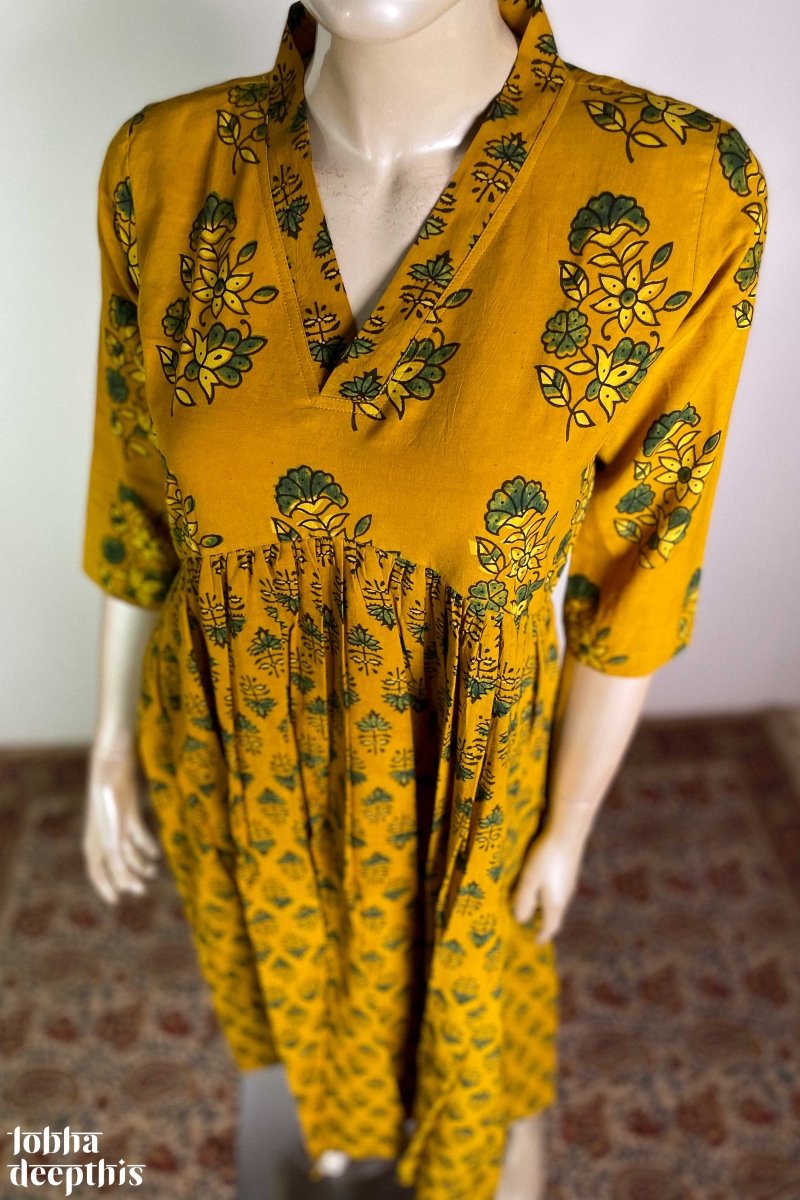 Ajrakh Blooms Turmeric Alia Cut Dress - Lobha Deepthis