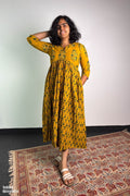 Ajrakh Blooms Turmeric Alia Cut Dress - Lobha Deepthis