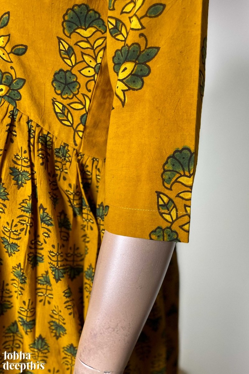 Ajrakh Blooms Turmeric Alia Cut Dress - Lobha Deepthis