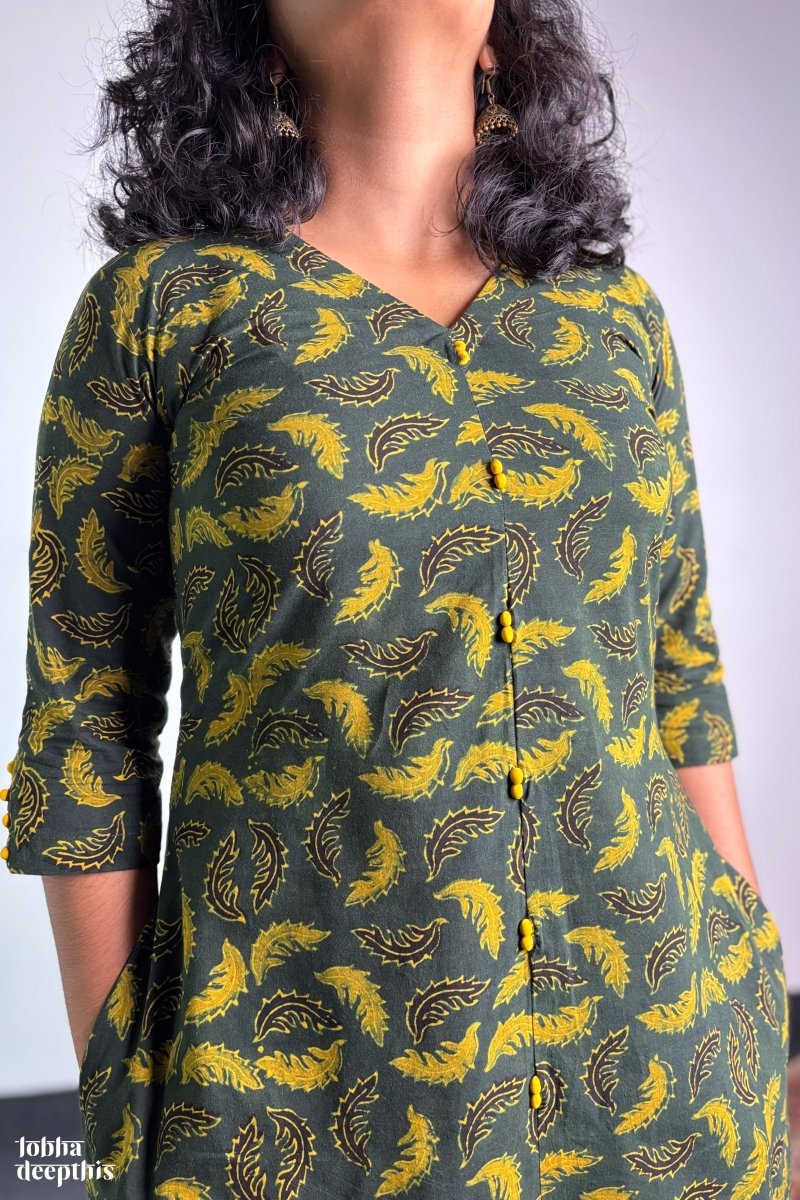 Ajrakh Neem Leaves Green Aline Kurta - Lobha Deepthis