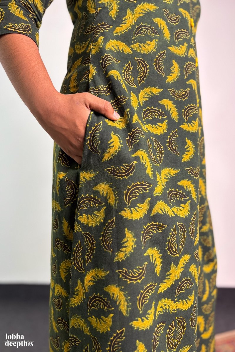 Ajrakh Neem Leaves Green Aline Kurta - Lobha Deepthis