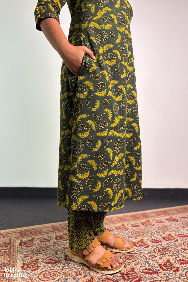 Ajrakh Neem Leaves Green Aline Kurta - Lobha Deepthis