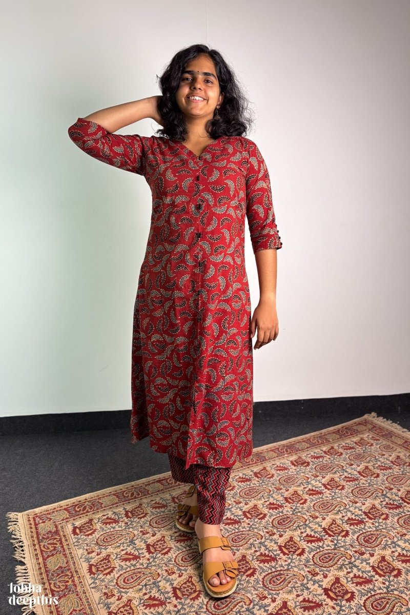 Ajrakh Neem Leaves Madder Red Aline Kurta - Lobha Deepthis