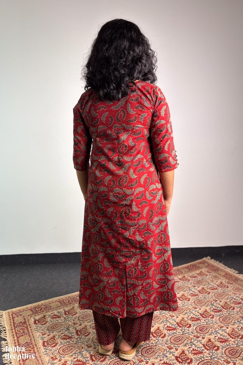 Ajrakh Neem Leaves Madder Red Aline Kurta - Lobha Deepthis