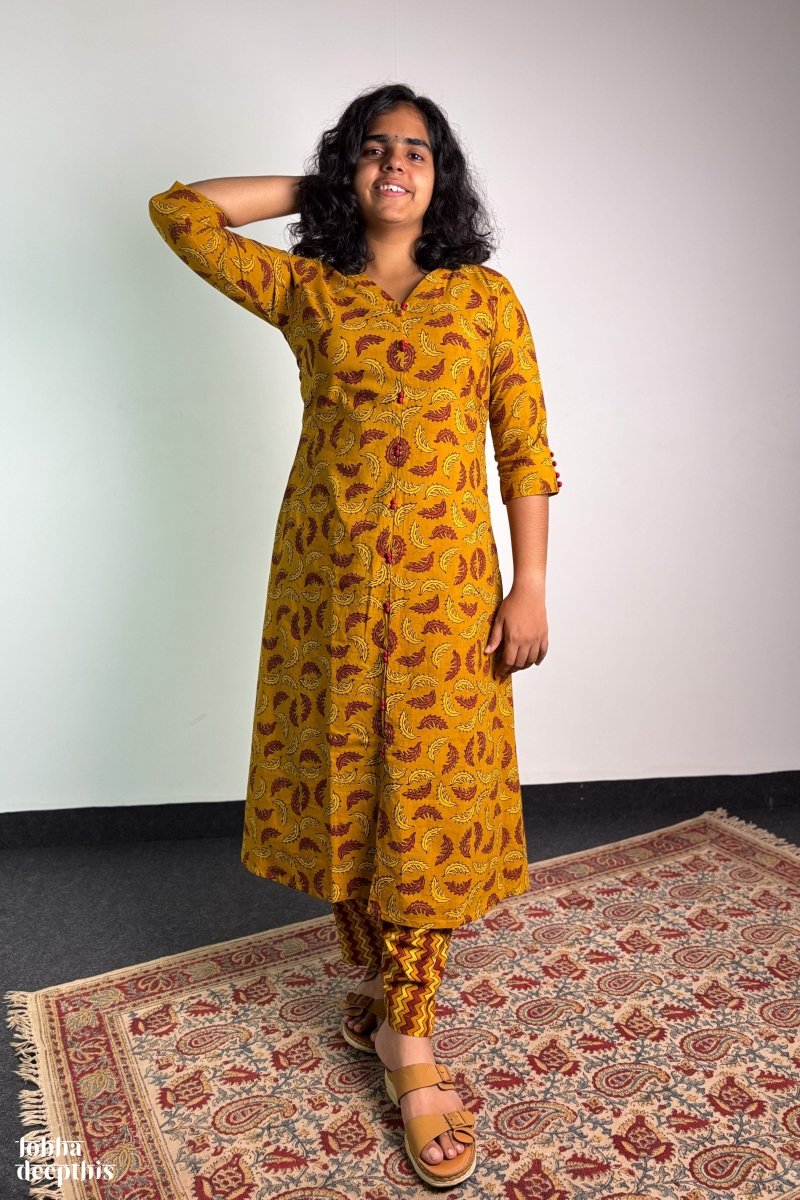 Ajrakh Neem Leaves Turmeric Aline Kurta - Lobha Deepthis