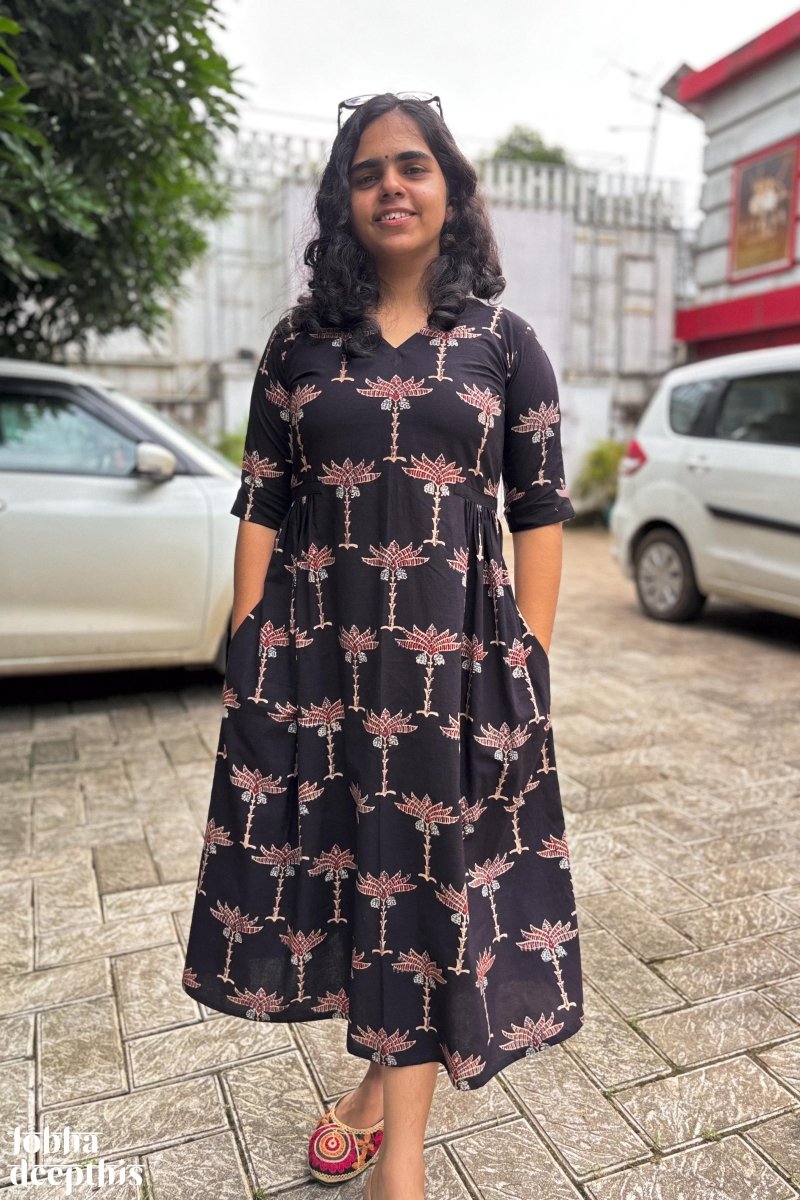 Ajrakh Palms on Black Dress - Lobha Deepthis