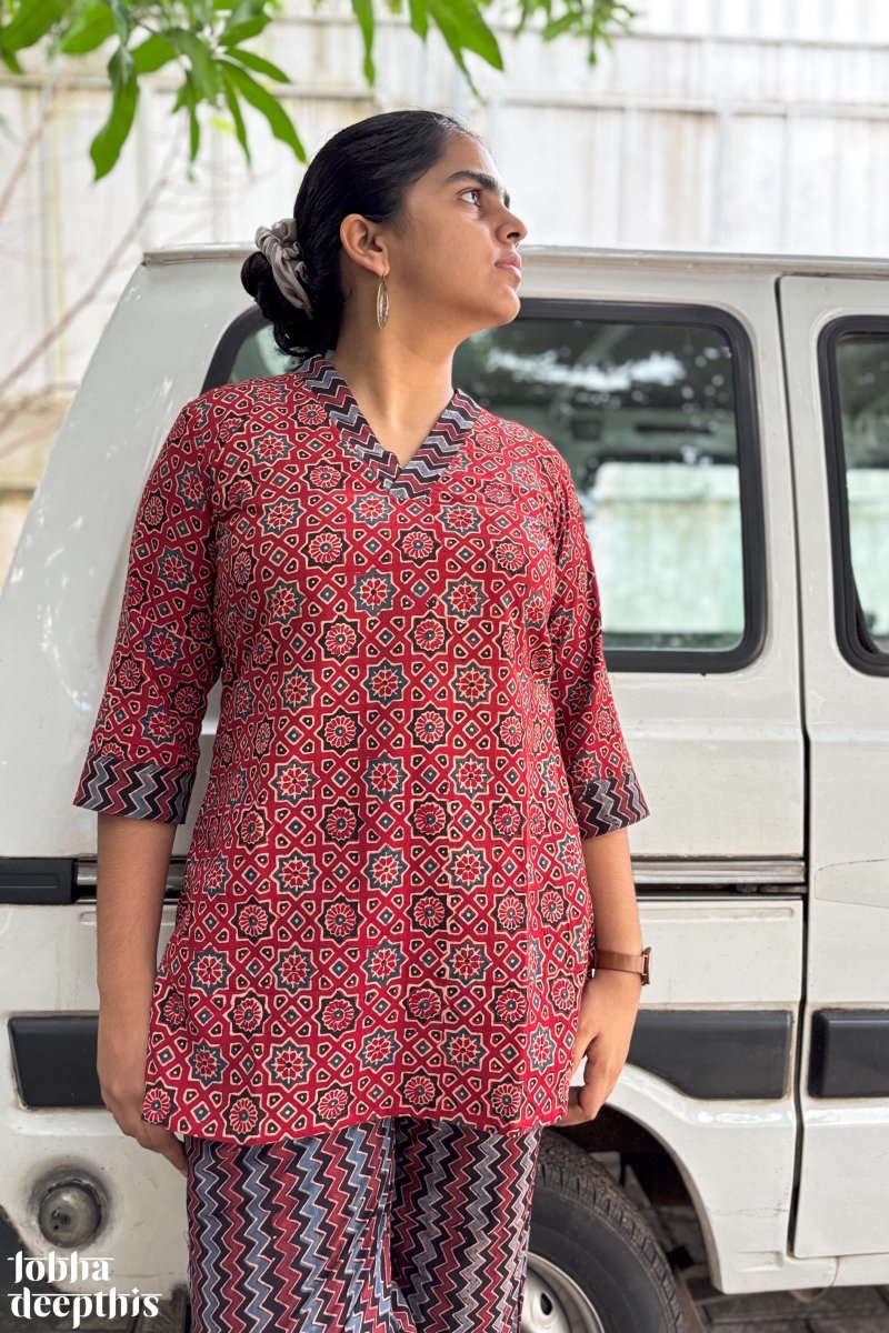 Ajrakh Stars Madder Short Top - Lobha Deepthis