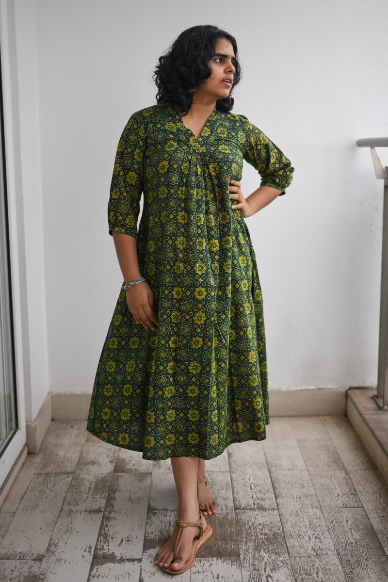 Ajrakh Stars on Green Dress - Lobha Deepthis