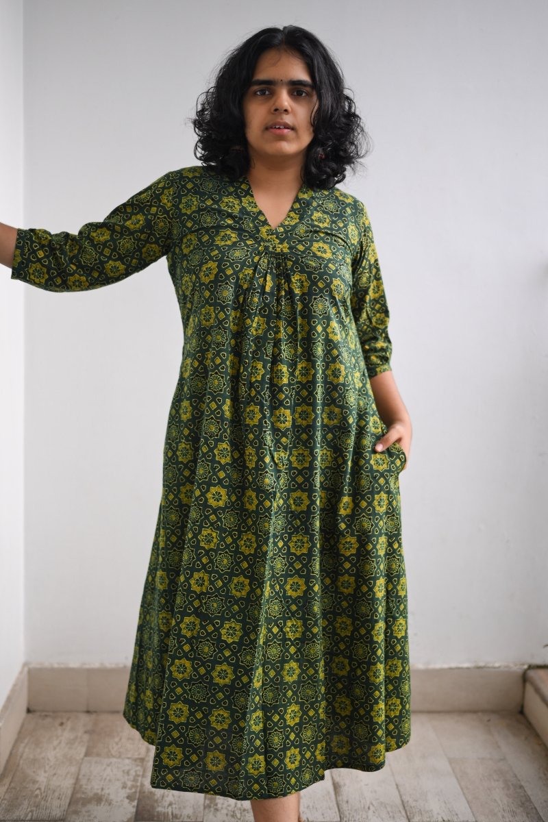 Ajrakh Stars on Green Dress - Lobha Deepthis