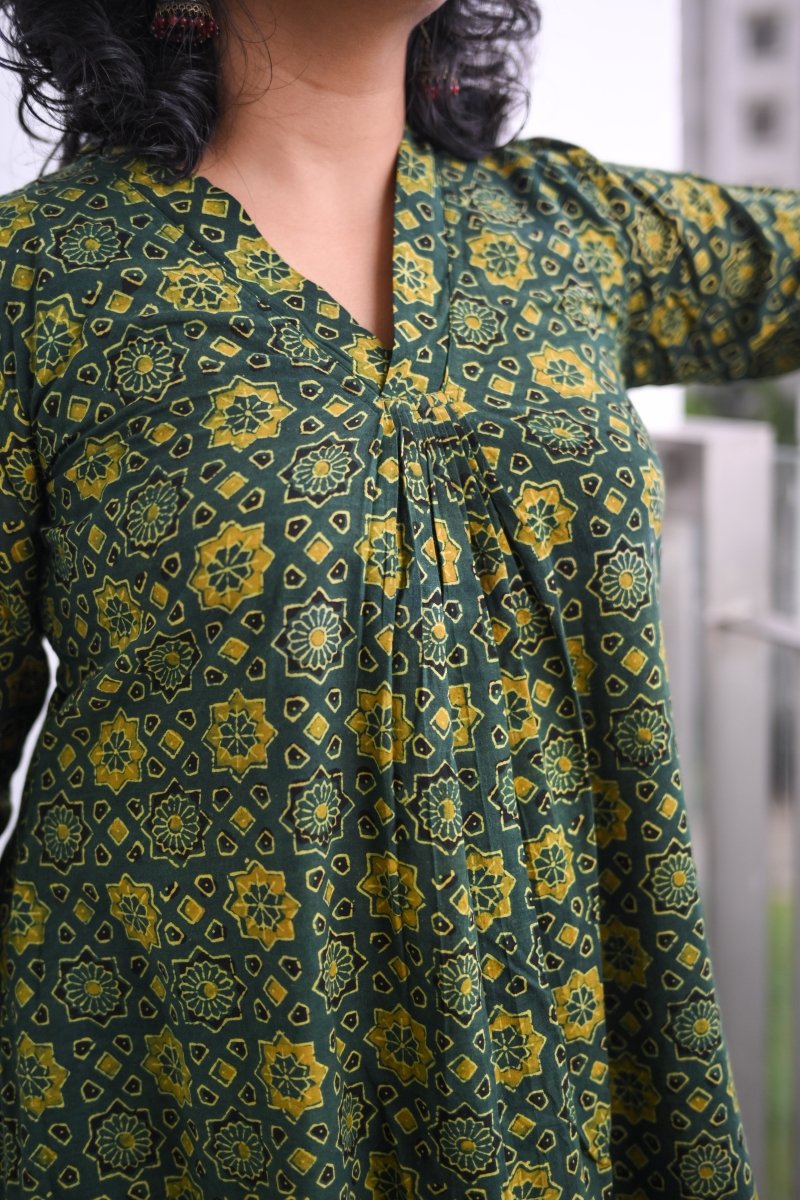 Ajrakh Stars on Green Dress - Lobha Deepthis