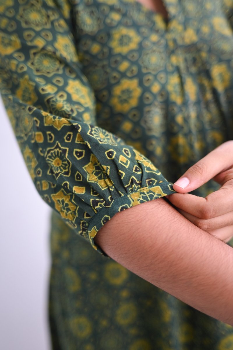 Ajrakh Stars on Green Dress - Lobha Deepthis