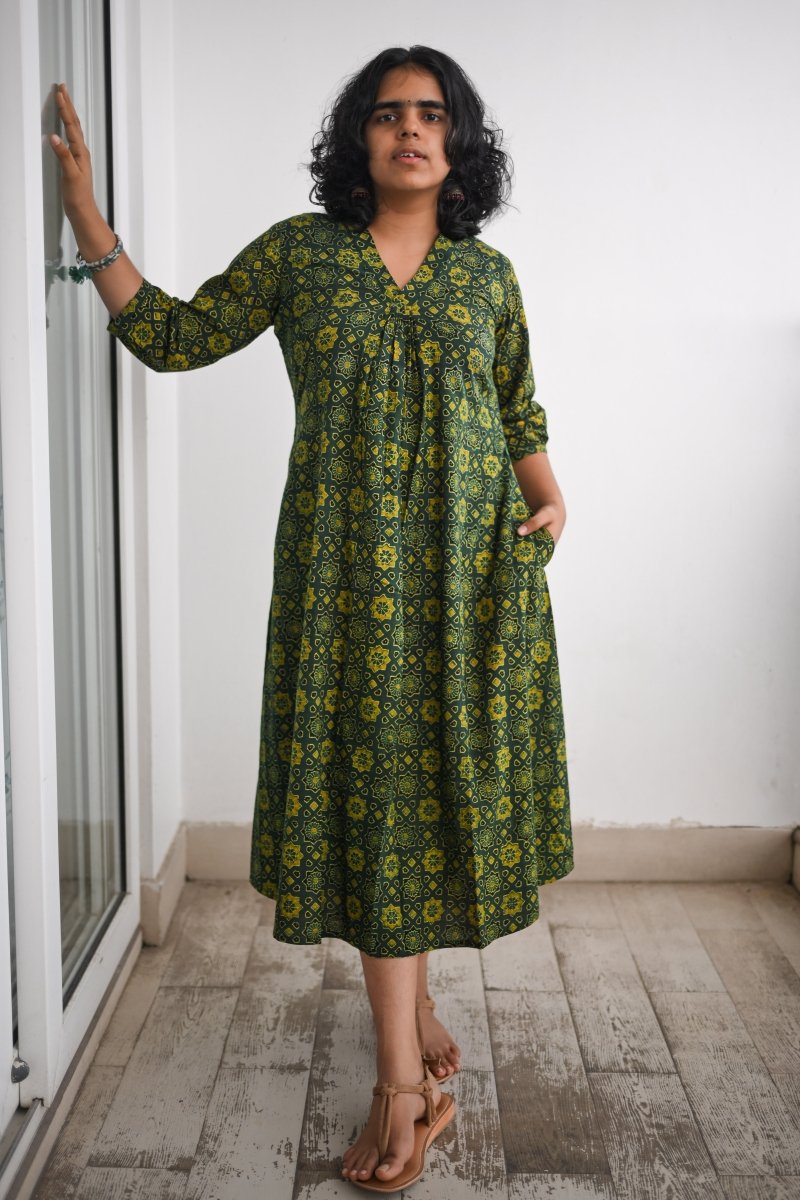 Ajrakh Stars on Green Dress - Lobha Deepthis