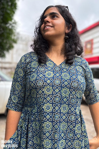 Ajrakh Stars on Indigo Dress - Lobha Deepthis