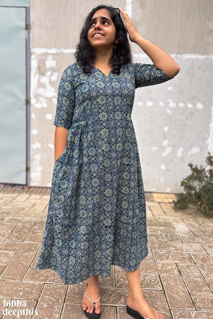 Ajrakh Stars on Indigo Dress - Lobha Deepthis