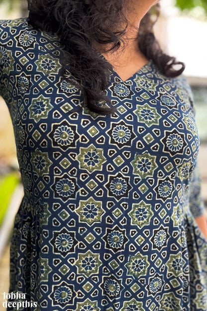 Ajrakh Stars on Indigo Dress - Lobha Deepthis