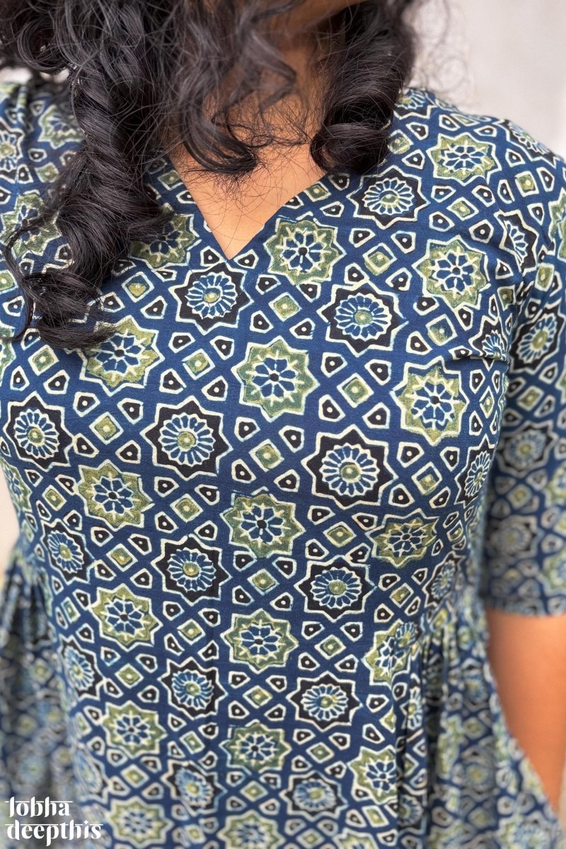 Ajrakh Stars on Indigo Dress - Lobha Deepthis