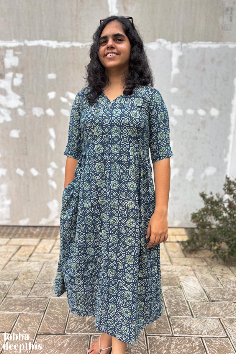 Ajrakh Stars on Indigo Dress - Lobha Deepthis