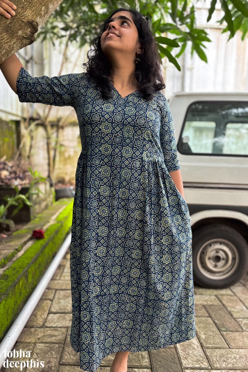 Ajrakh Stars on Indigo Dress - Lobha Deepthis