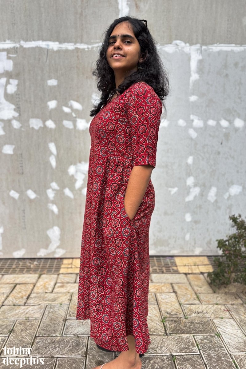 Ajrakh Stars on Madder Red Dress - Lobha Deepthis