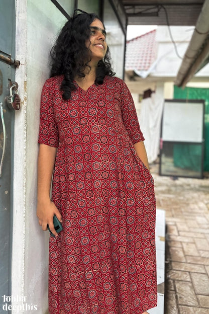 Ajrakh Stars on Madder Red Dress - Lobha Deepthis