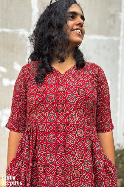 Ajrakh Stars on Madder Red Dress - Lobha Deepthis