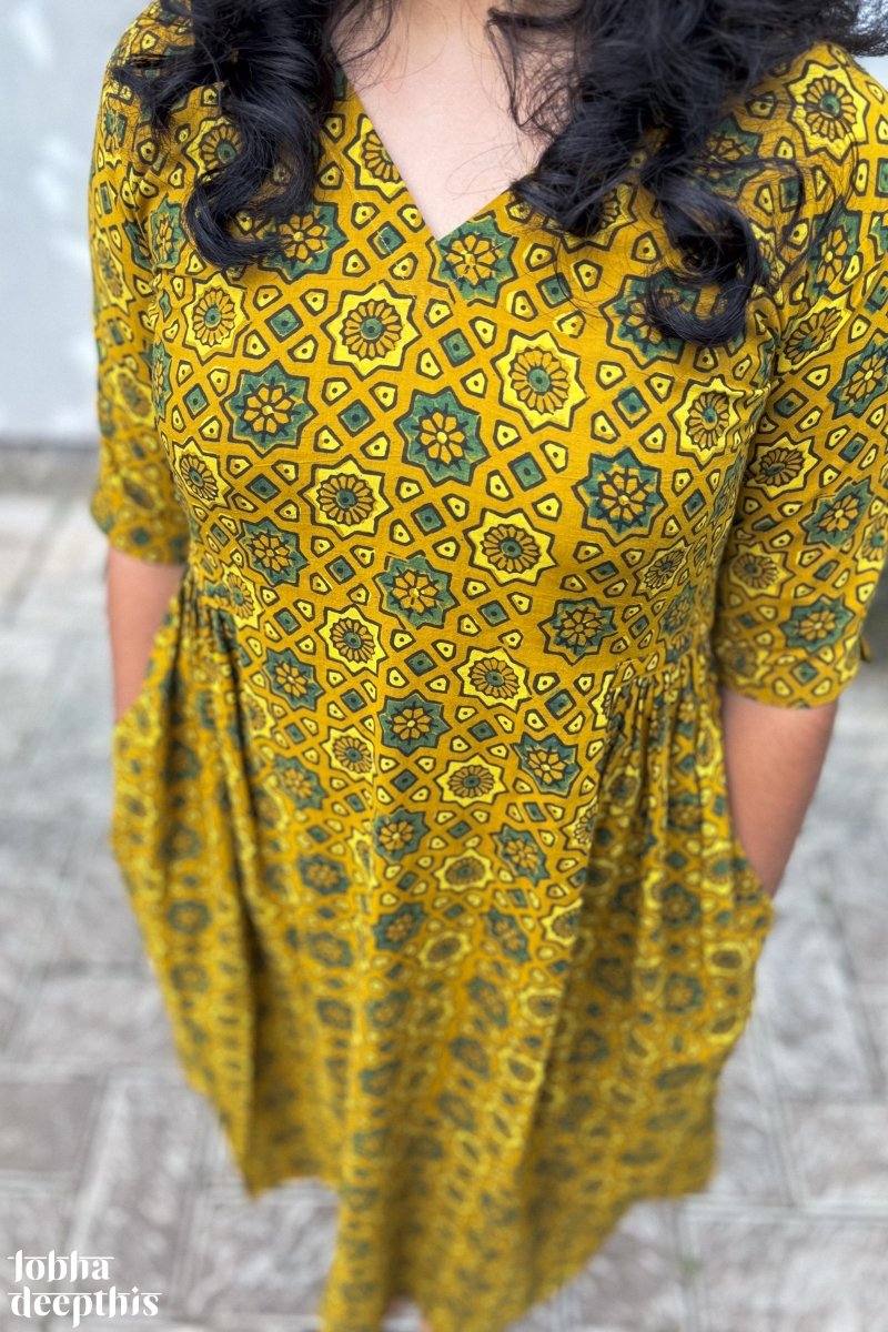 Ajrakh Stars on Turmeric Dress - Lobha Deepthis