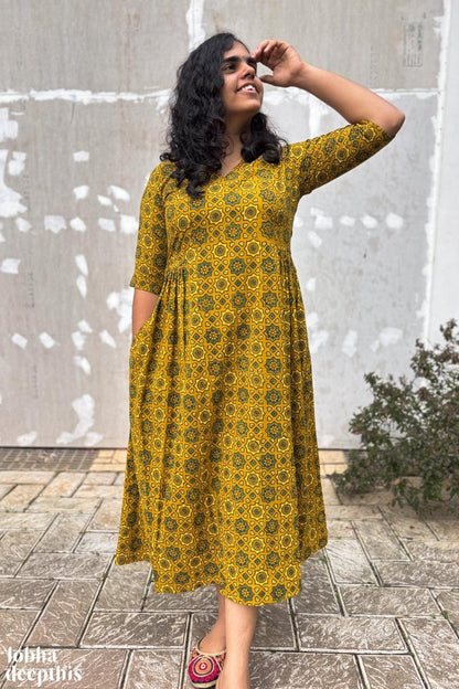 Ajrakh Stars on Turmeric Dress - Lobha Deepthis