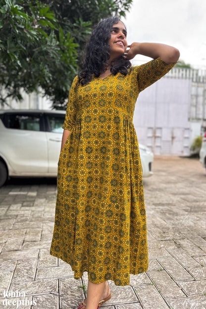 Ajrakh Stars on Turmeric Dress - Lobha Deepthis