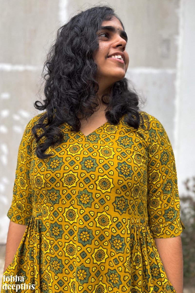 Ajrakh Stars on Turmeric Dress - Lobha Deepthis