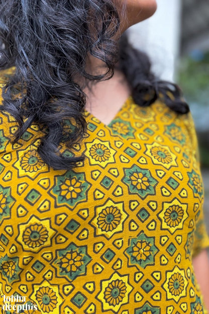 Ajrakh Stars on Turmeric Dress - Lobha Deepthis