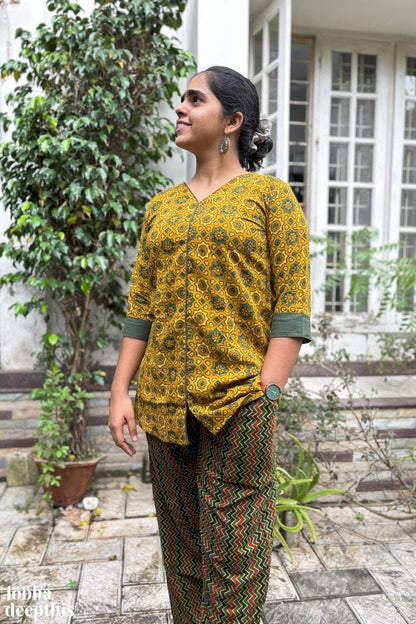 Ajrakh Stars Turmeric Short Top - Lobha Deepthis