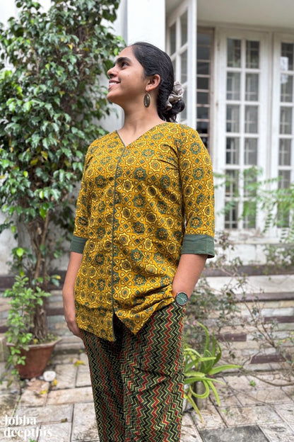 Ajrakh Stars Turmeric Short Top - Lobha Deepthis