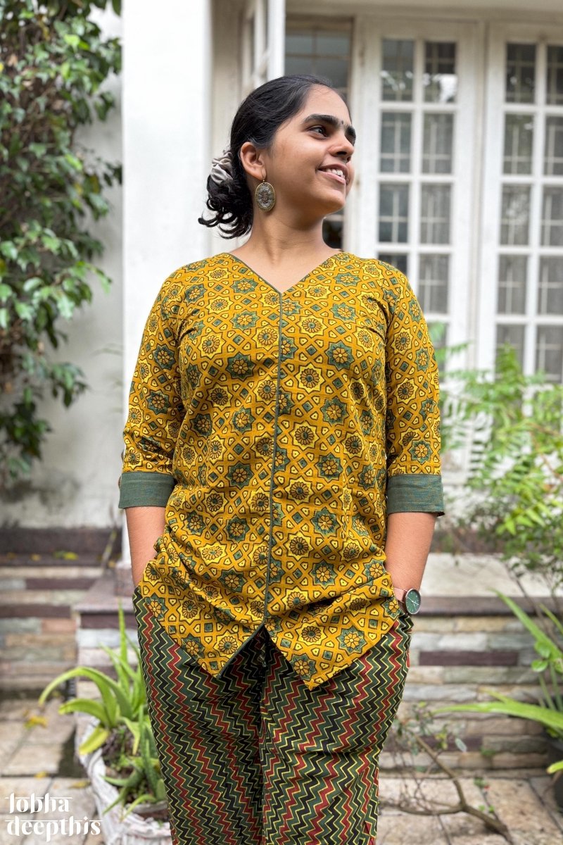 Ajrakh Stars Turmeric Short Top - Lobha Deepthis