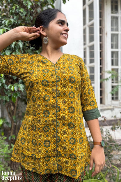 Ajrakh Stars Turmeric Short Top - Lobha Deepthis