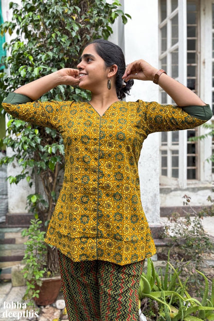 Ajrakh Stars Turmeric Short Top - Lobha Deepthis