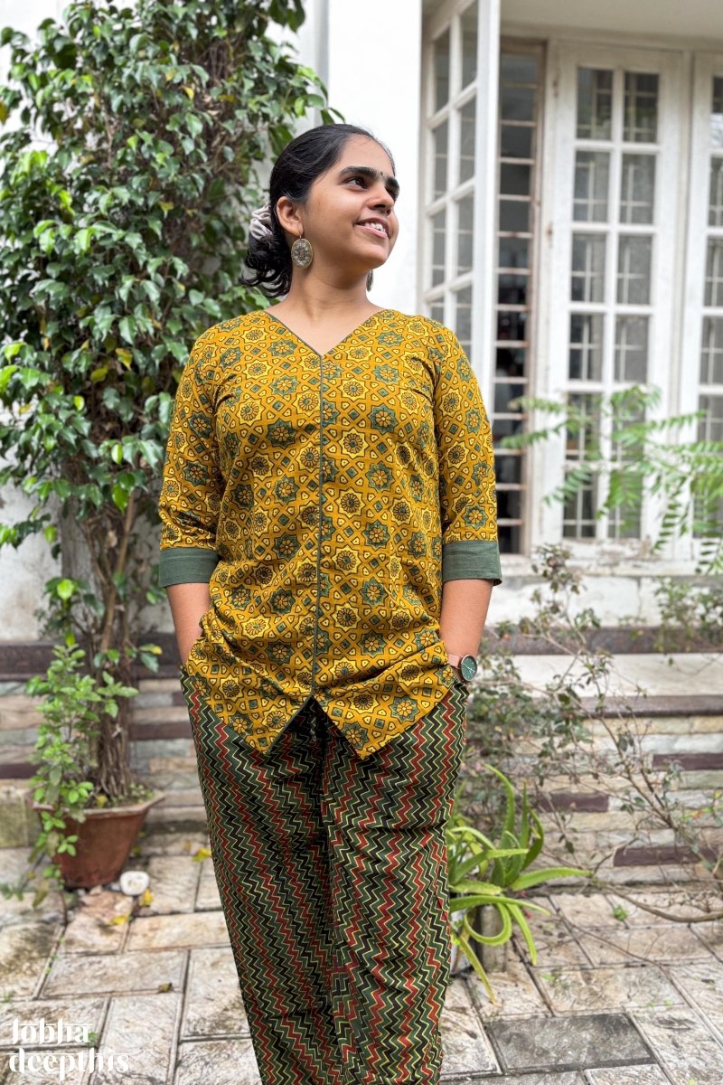 Ajrakh Stars Turmeric Short Top - Lobha Deepthis