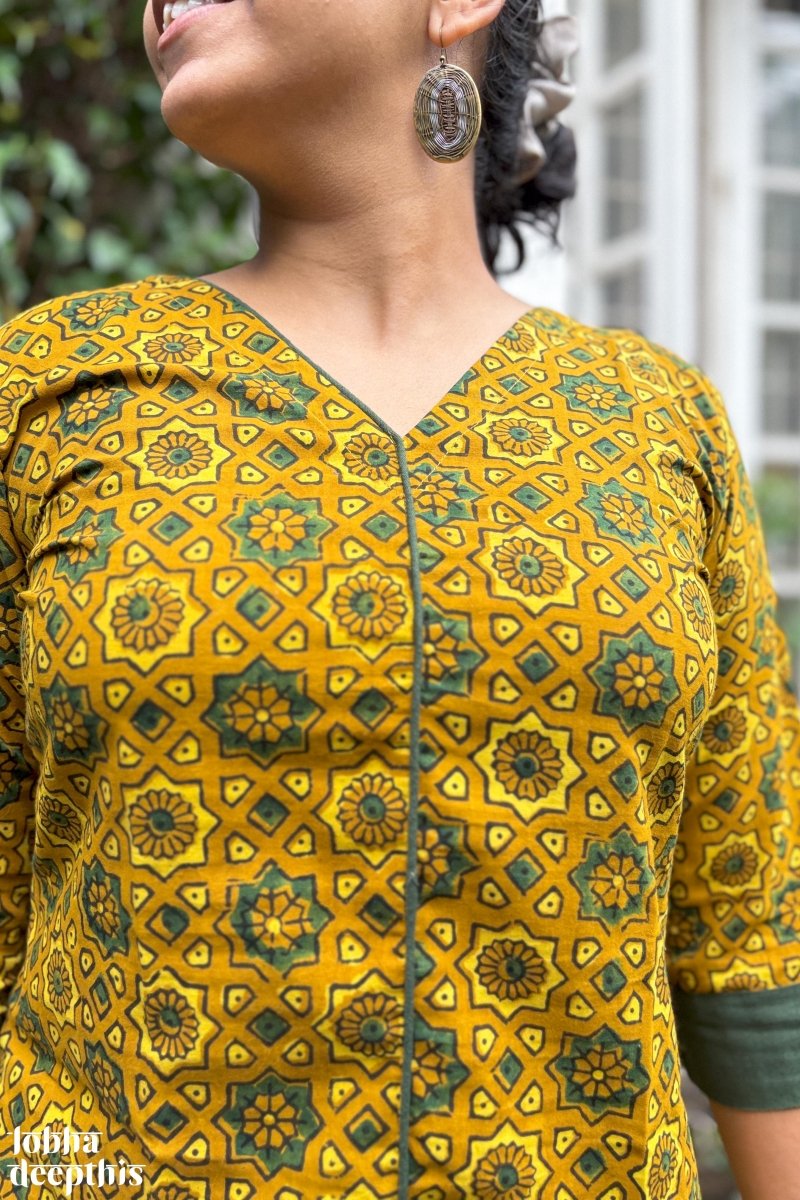 Ajrakh Stars Turmeric Short Top - Lobha Deepthis