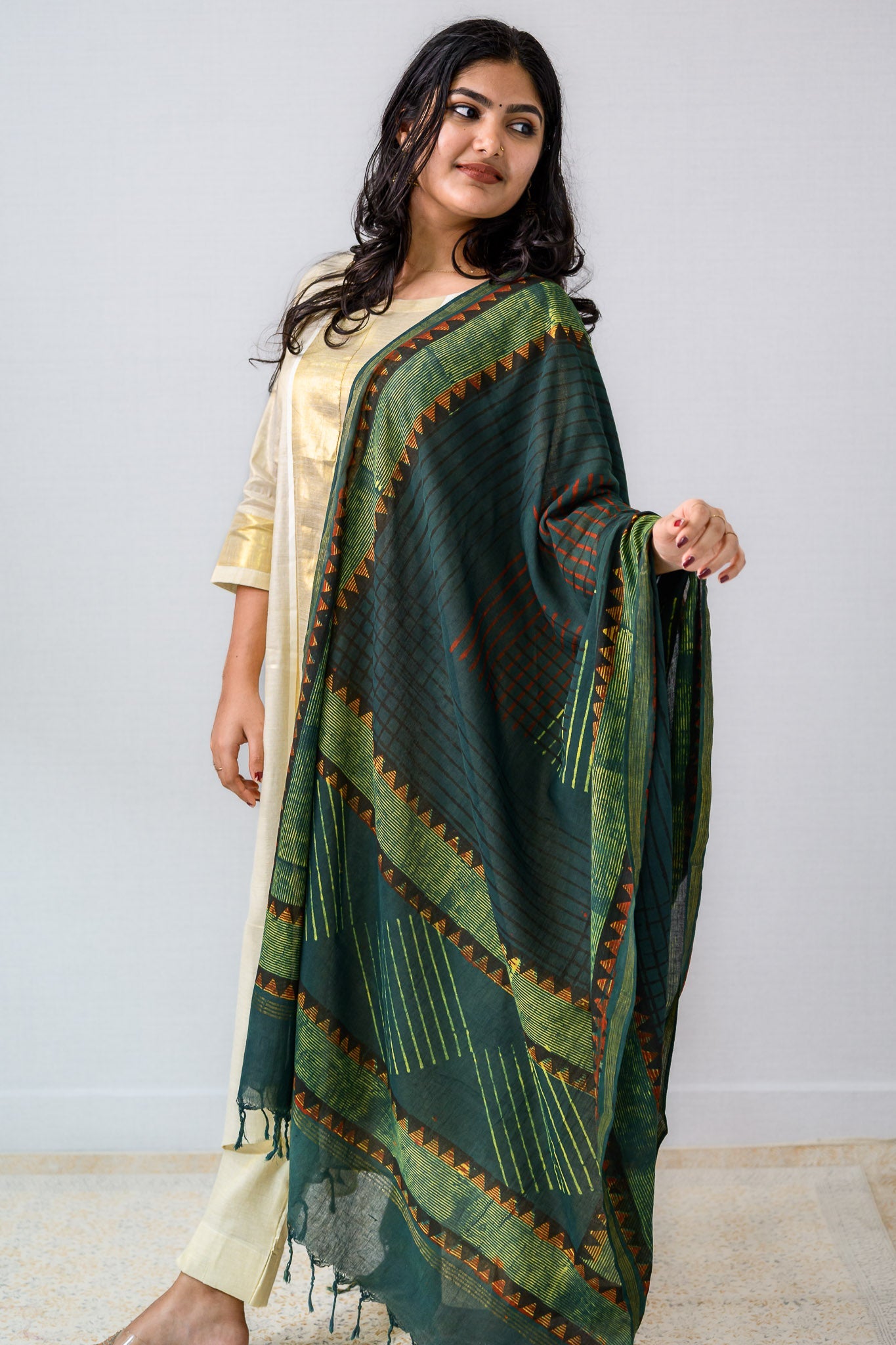 Ajrakh Temple Triangles Pure Cotton Dupatta - Lobha Deepthis