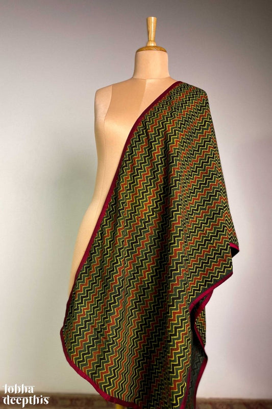 Ajrakh Zig Zag Green Pure Cotton Dupatta - Lobha Deepthis