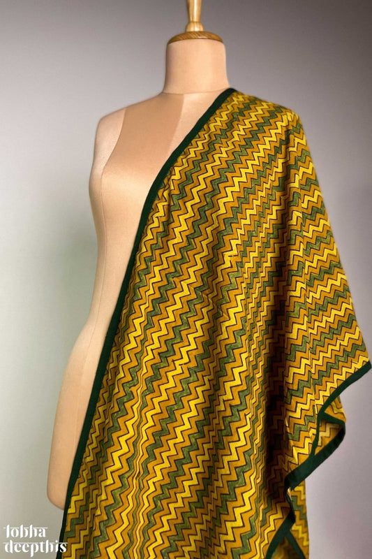 Ajrakh Zig Zag Yellow Pure Cotton Dupatta - Lobha Deepthis